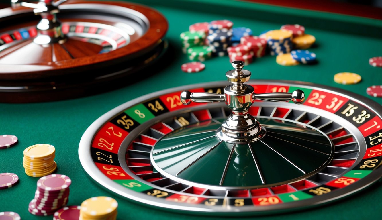 Sebuah roda roulette berputar di atas meja felt hijau, dengan chip berwarna-warni tersebar di sekitarnya