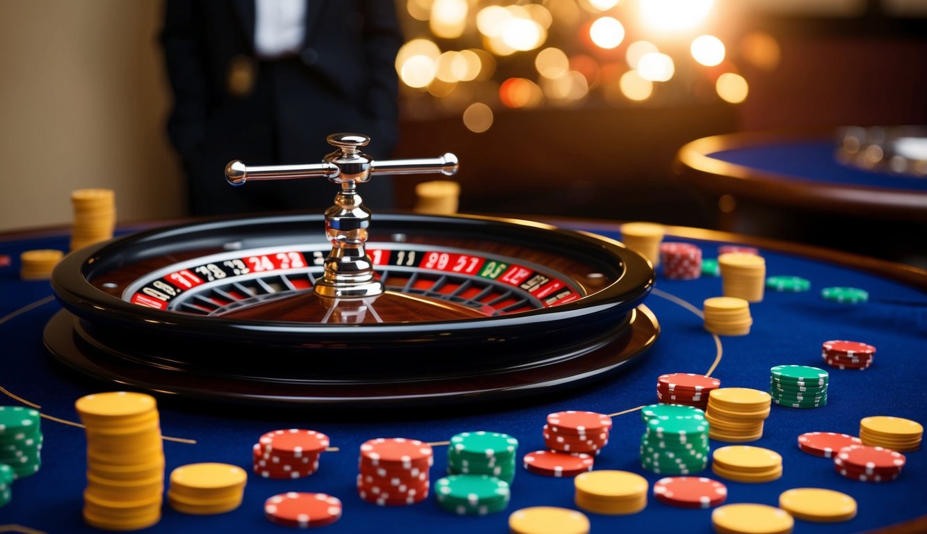 Roda roulette berputar dengan chip berwarna-warni yang tersebar di meja