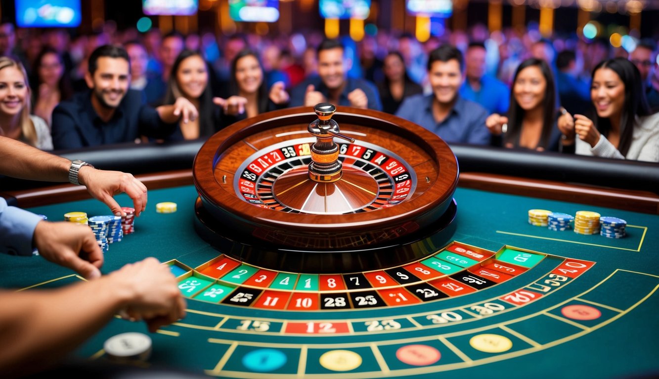 Roda roulette berputar dengan slot bernomor berwarna-warni, dikelilingi oleh kerumunan pemain online yang bersemangat memasang taruhan mereka