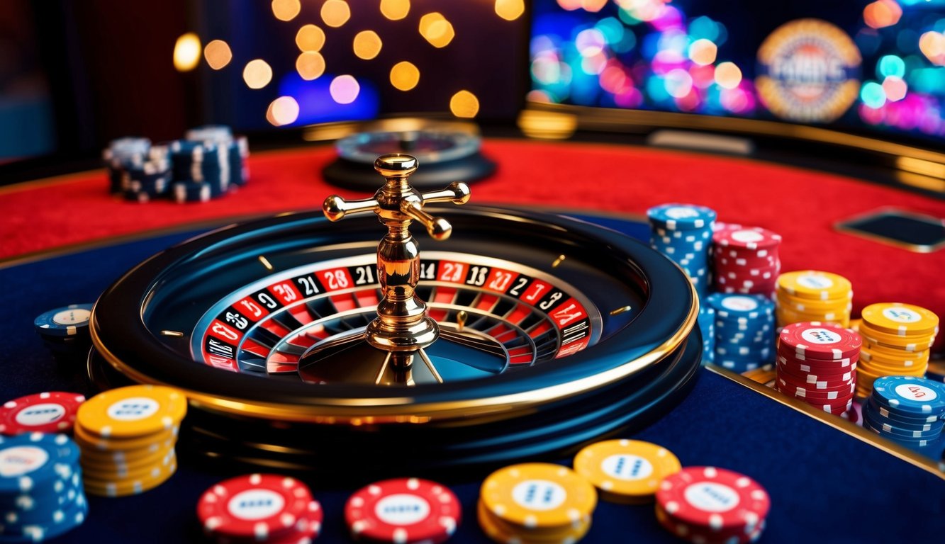 Sebuah suasana kasino online yang hidup dengan roda roulette, chip, dan antarmuka yang ramping