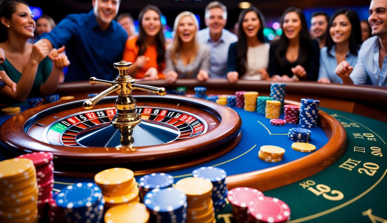 Roda roulette yang berputar dikelilingi oleh chip taruhan berwarna-warni dan kerumunan pemain yang bersemangat di kasino online langsung