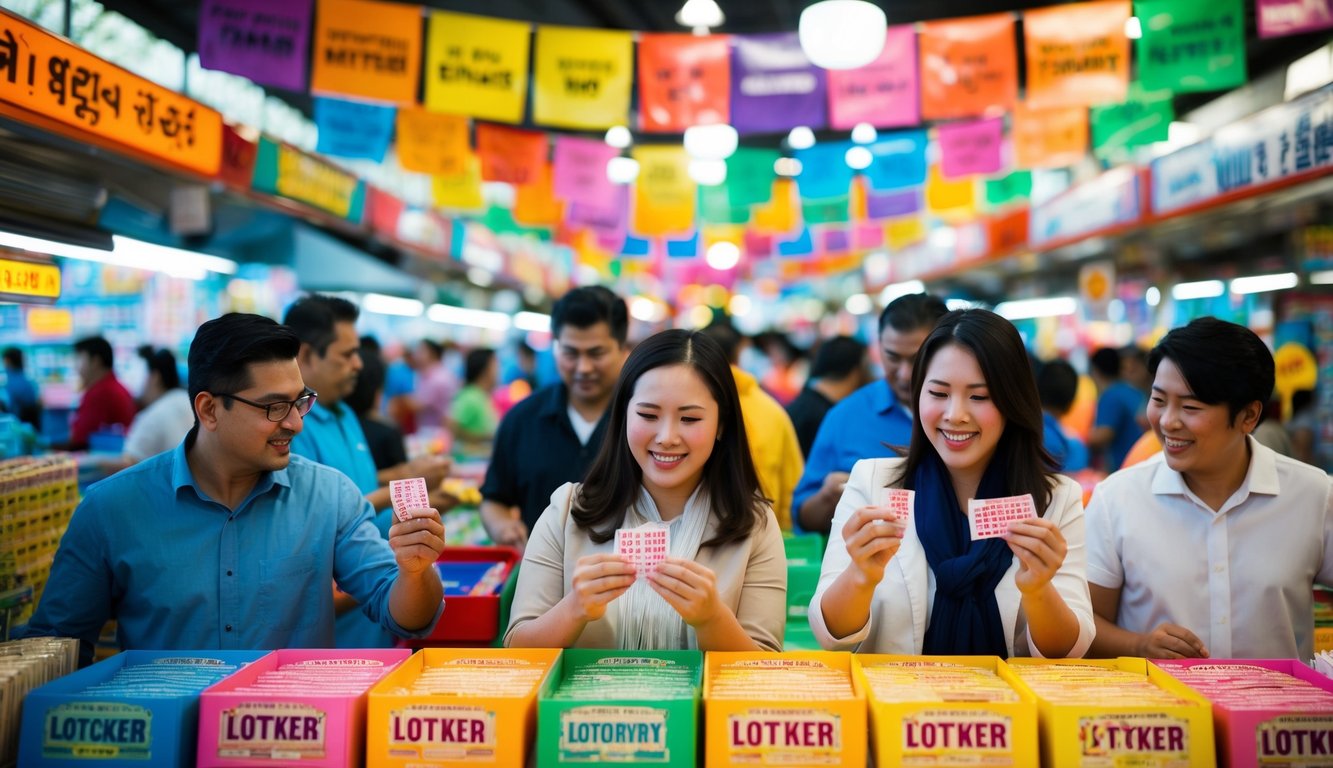 Pasar yang hidup dan ramai dengan spanduk berwarna-warni dan orang-orang yang dengan antusias membeli tiket lotere