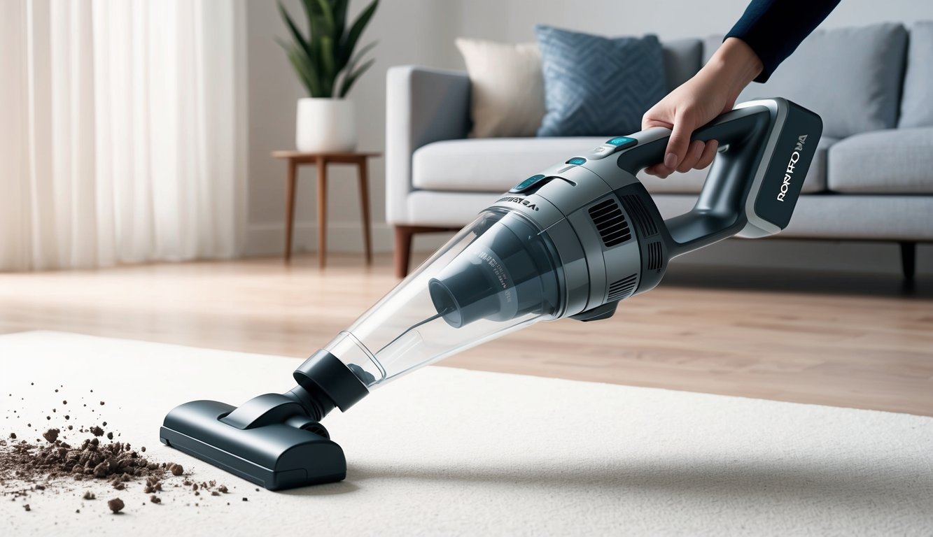 Un aspirateur sans fil élégant et moderne, le Rowenta Air Force Light RH6545WH, glisse sans effort sur le sol, capturant sans effort la saleté et les débris grâce à sa puissance d'aspiration.