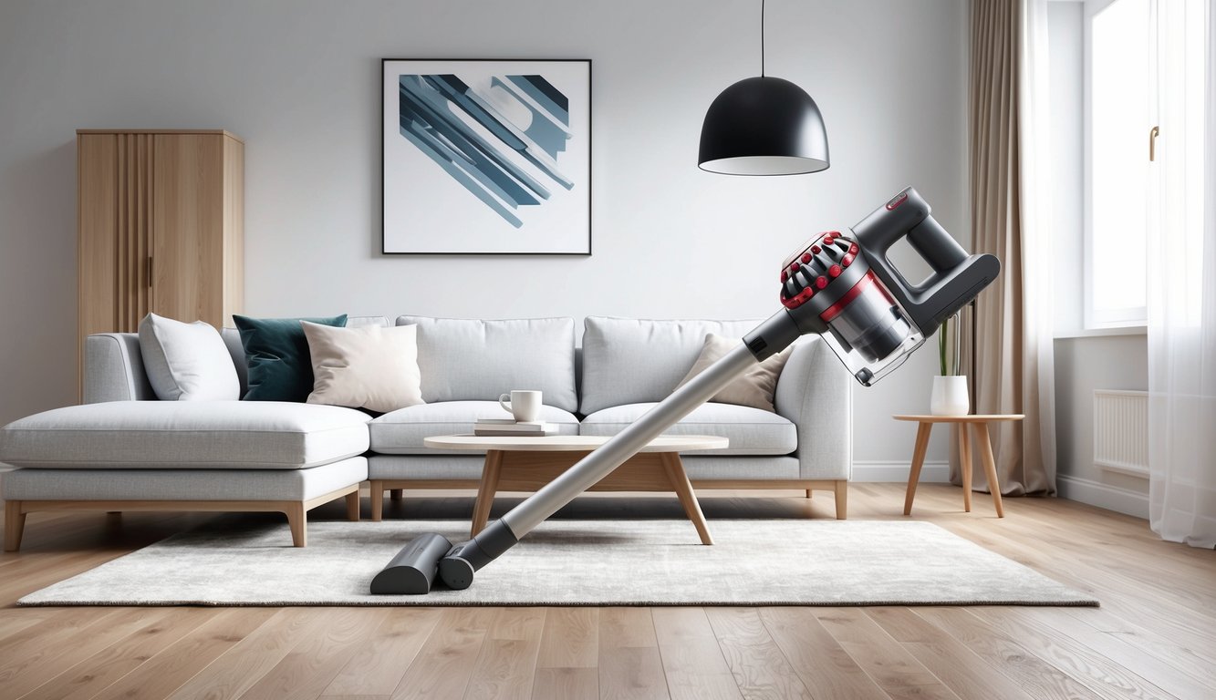 Un aspirateur sans fil élégant et moderne dans un salon propre et bien rangé.