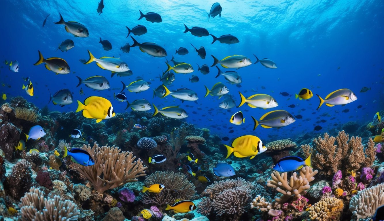 Sebuah dunia bawah laut yang berwarna-warni dengan berbagai spesies ikan yang berenang di sekitar terumbu karang, dengan rasa kegembiraan dan persaingan di udara