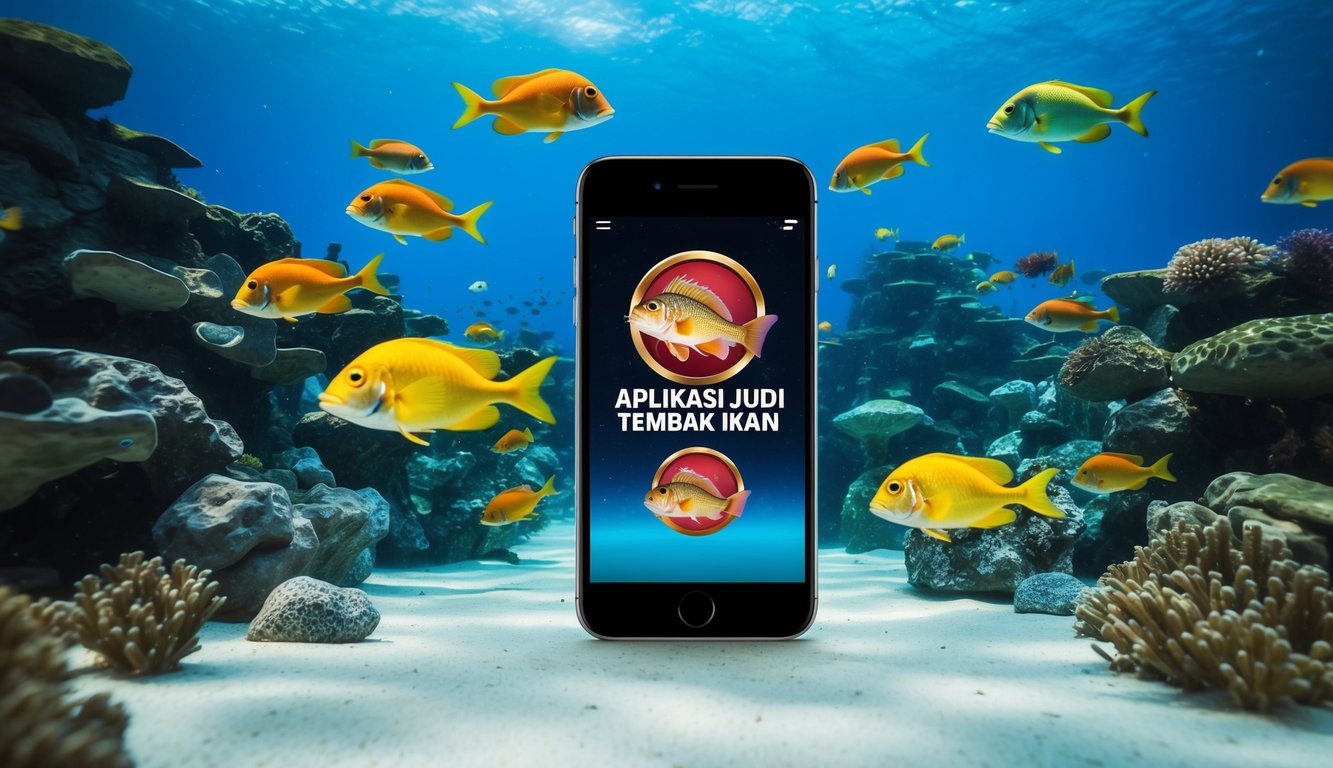 Sebuah dunia bawah laut yang hidup dengan ikan berwarna-warni, antarmuka permainan tembak, dan sebuah smartphone yang menampilkan logo "Aplikasi Judi Tembak Ikan"