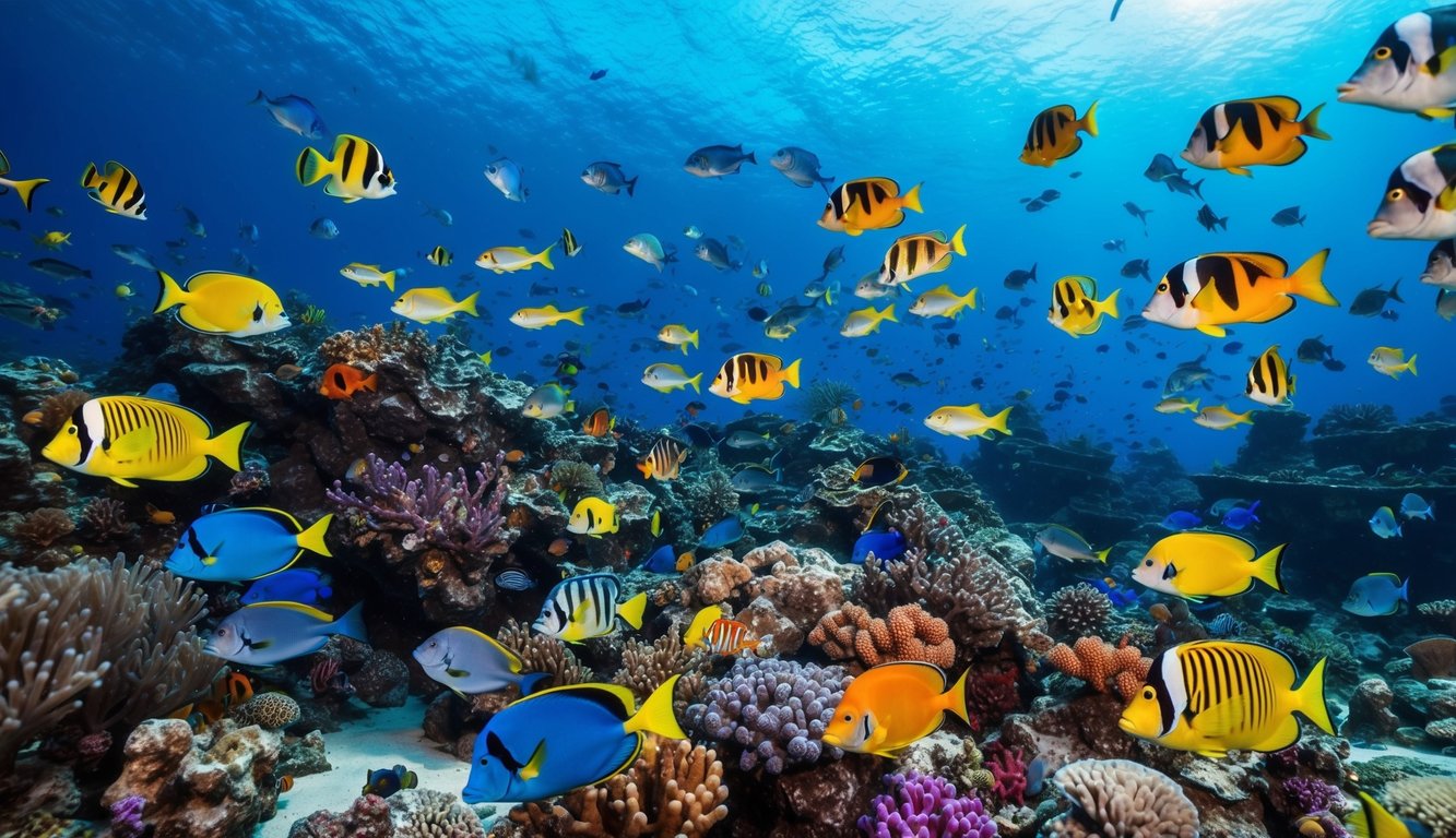 Sebuah dunia bawah laut yang hidup dipenuhi dengan ikan berwarna-warni dan makhluk laut eksotis, dengan latar belakang terumbu karang dan harta karun yang tenggelam