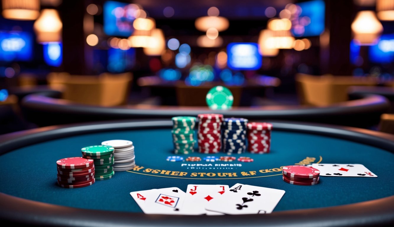 Sebuah meja poker digital dengan kartu dan chip, dikelilingi oleh latar belakang kasino virtual