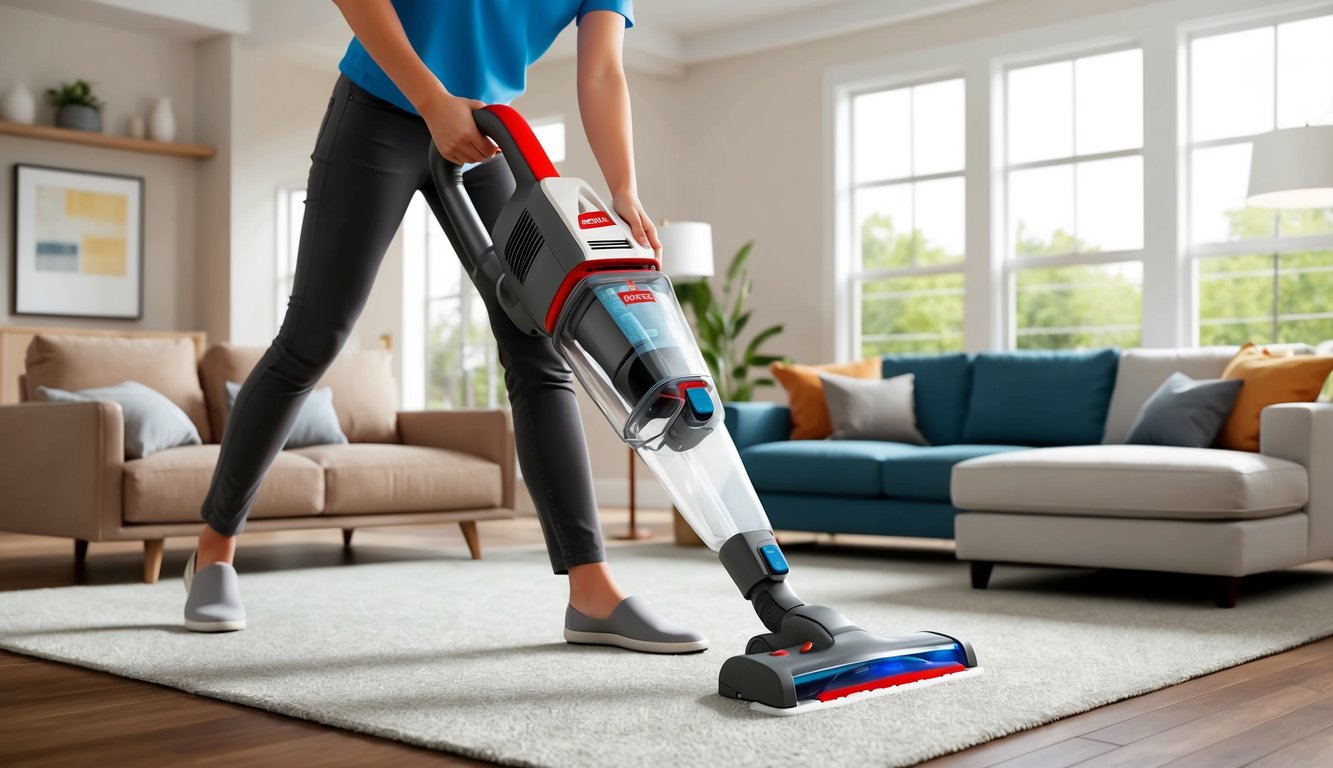 Un aspirateur moderne (Bissell 17132) utilisé pour nettoyer un salon avec des meubles confortables et une lumière naturelle entrant par les fenêtres.