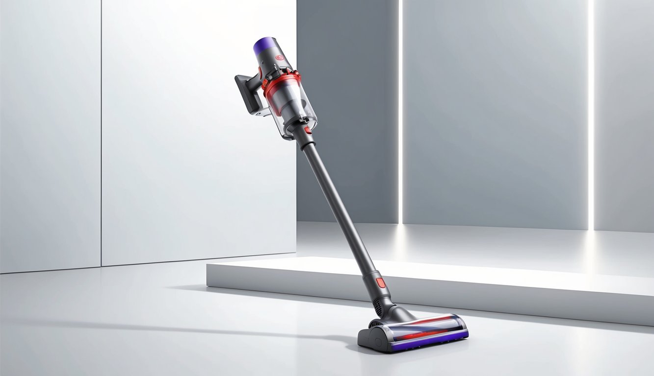 Un aspirateur sans fil élégant et moderne, le Klindo, se dresse contre un fond propre et minimaliste, avec une douce lumière mettant en valeur son design innovant.