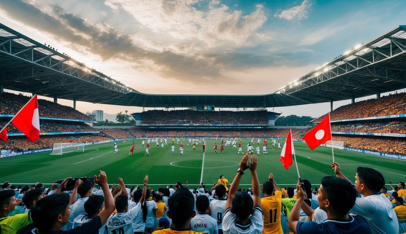 Sebuah stadion sepak bola yang ramai di Indonesia, dengan para penggemar bersorak dan melambaikan bendera, saat para pemain berkompetisi di lapangan