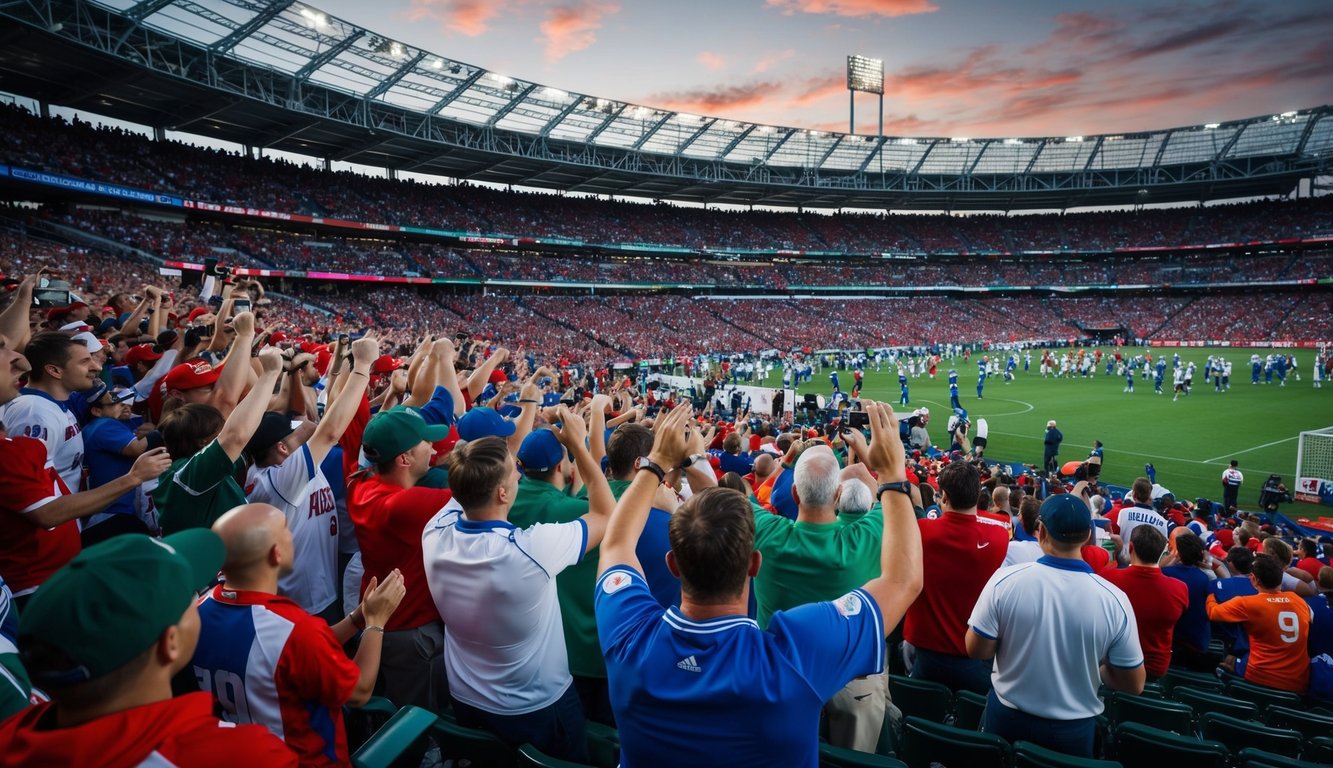 Sebuah stadion olahraga yang ramai dengan penggemar yang bersorak dan berbagai peralatan olahraga yang tersebar di sekitarnya