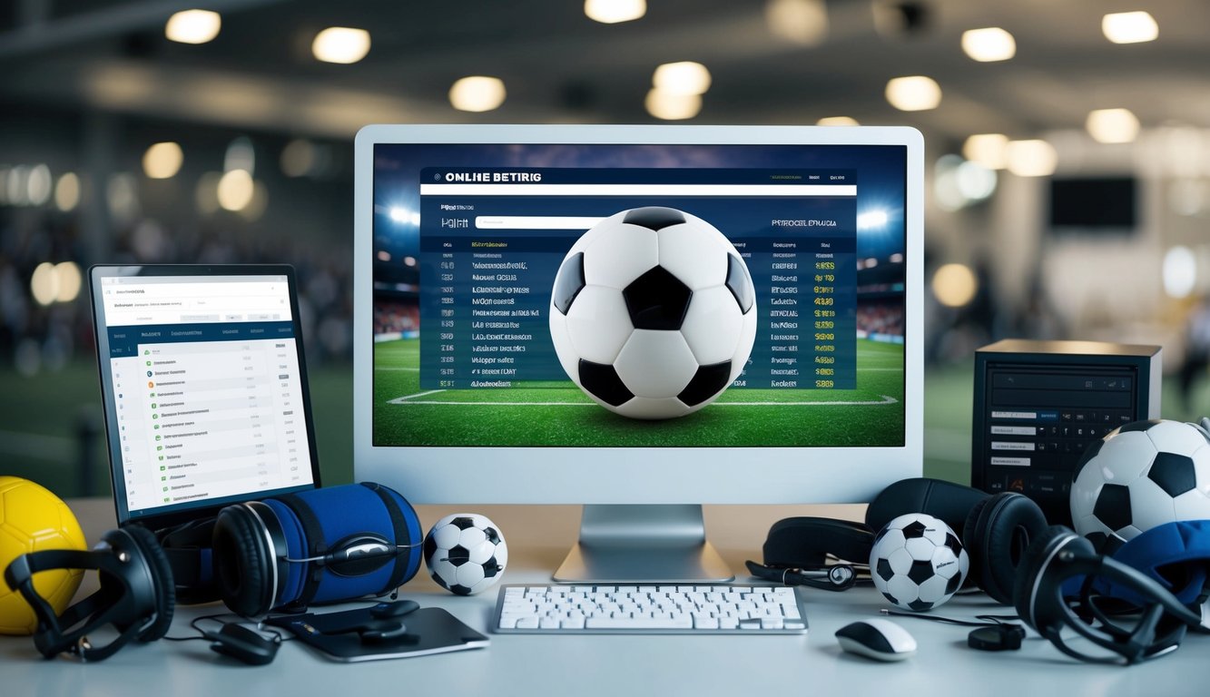 Sebuah bola sepak dikelilingi oleh berbagai peralatan olahraga dan sebuah komputer yang menampilkan daftar situs taruhan online