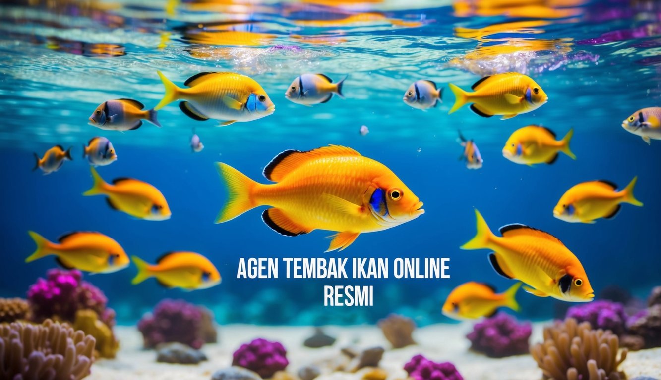 Sebuah dunia bawah laut yang hidup dengan ikan-ikan berwarna-warni berenang di sekitar antarmuka digital yang menampilkan kata-kata "Agen Tembak Ikan Online Resmi."