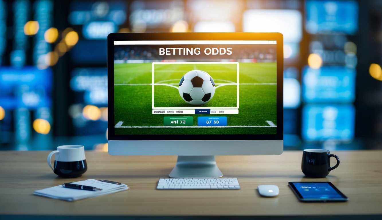 Sebuah layar komputer dengan bola sepak dan odds taruhan ditampilkan, dikelilingi oleh platform taruhan online yang aman dan terpercaya