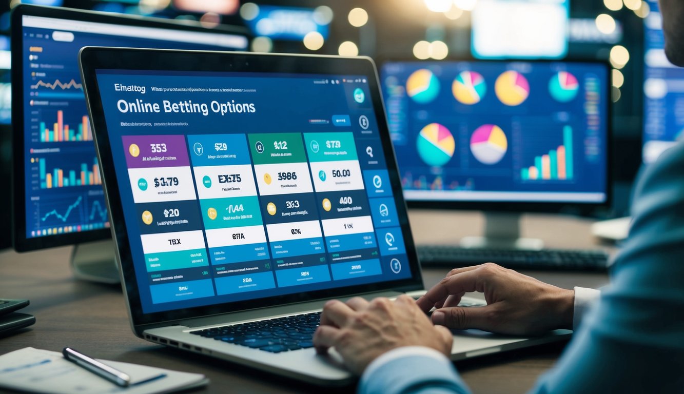 Sebuah laptop yang menampilkan berbagai opsi taruhan online, dikelilingi oleh grafik dan diagram, dengan seorang individu yang fokus membuat keputusan strategis