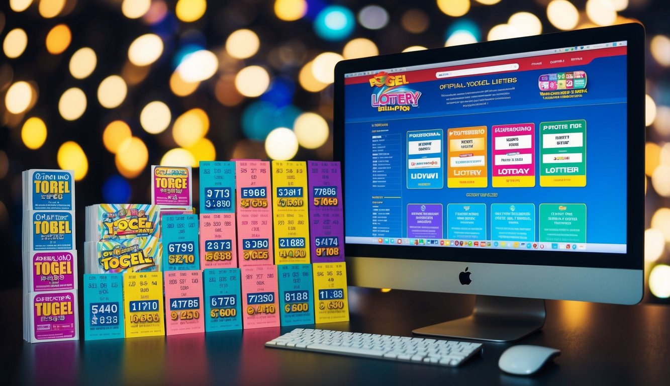 Sekumpulan tiket lotere berwarna-warni dan layar komputer yang bersinar dengan berbagai situs web resmi Togel yang ditampilkan