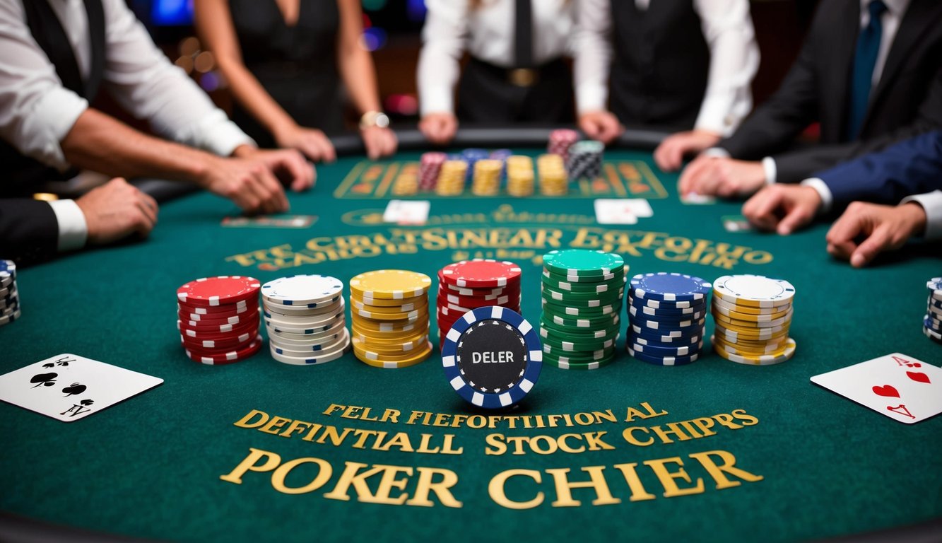 Sekelompok chip poker berwarna-warni yang disusun di atas meja felt hijau dengan kartu dan tombol dealer, dikelilingi oleh pemain dalam suasana kasino