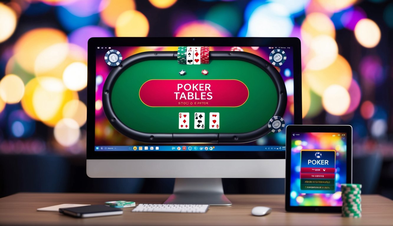 Antarmuka digital yang berwarna-warni dan hidup dengan meja poker, kartu, dan chip yang ditampilkan di layar komputer