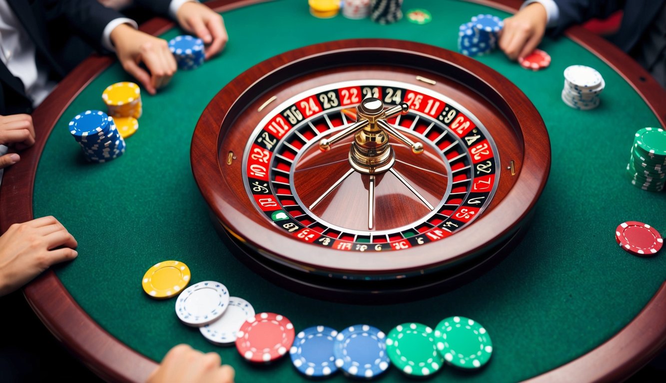 Sebuah roda roulette berputar di atas meja felt hijau, dikelilingi oleh chip taruhan berwarna-warni dan kerumunan penonton yang bersemangat