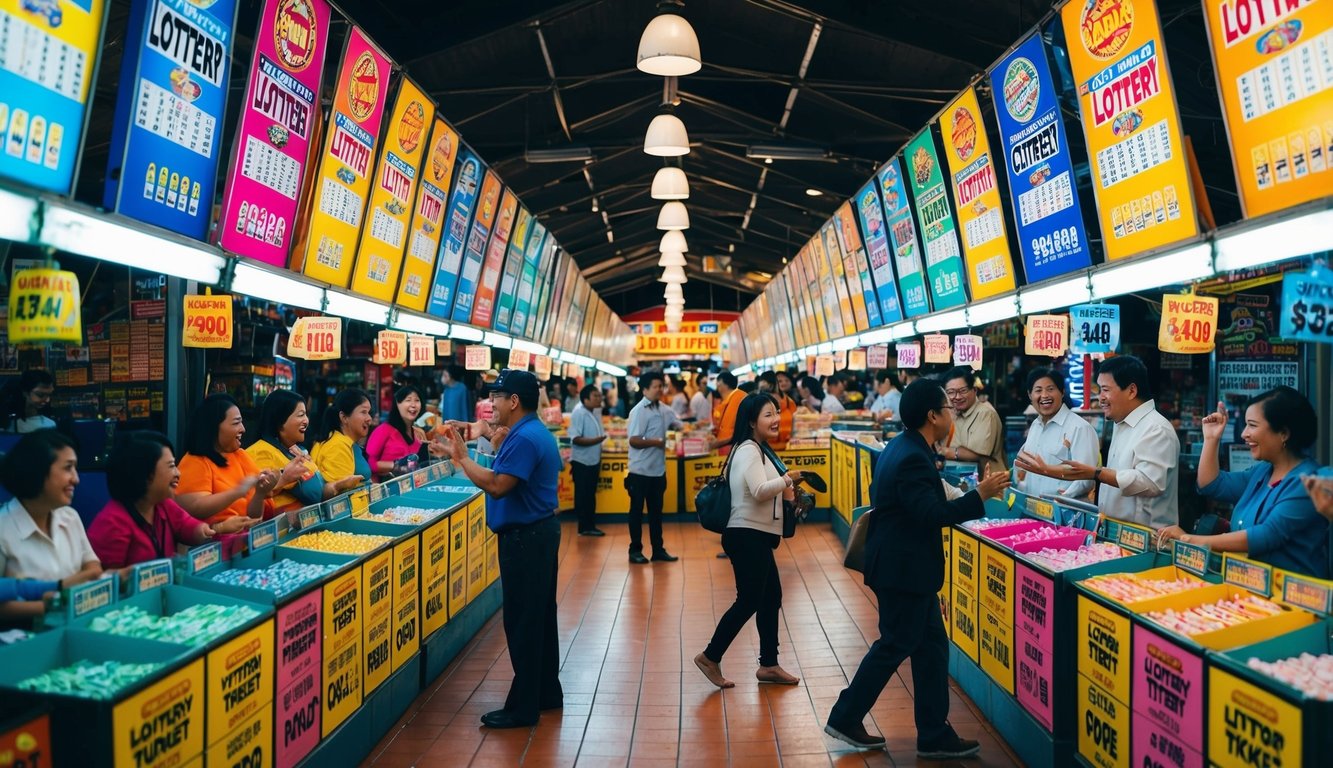 Sebuah adegan yang berwarna-warni dan hidup dari pasar yang ramai dengan deretan stan tiket lotere dan pelanggan yang bersemangat