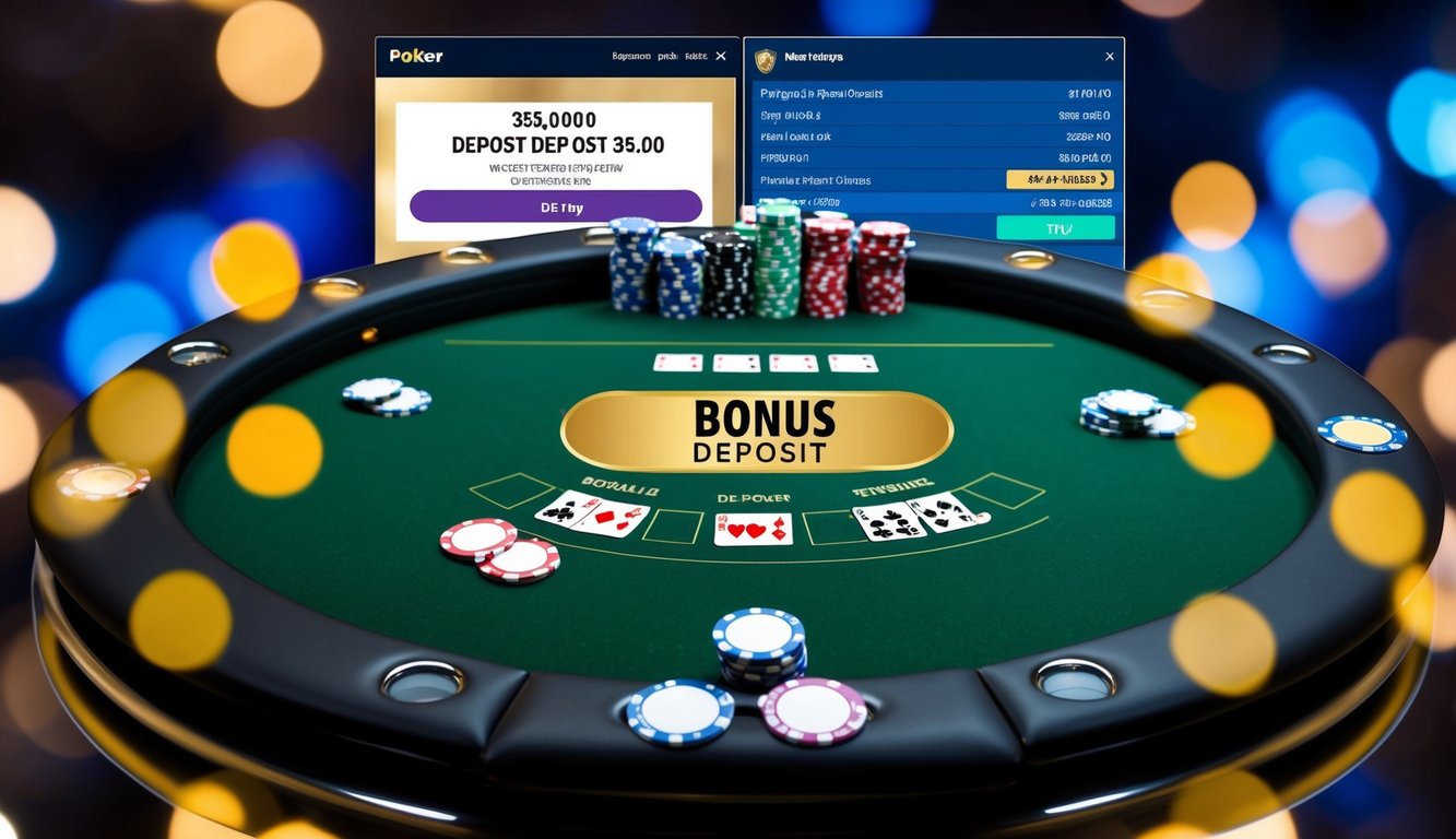 Sebuah meja poker virtual dengan chip dan kartu, dikelilingi oleh antarmuka digital yang menampilkan tawaran deposit bonus