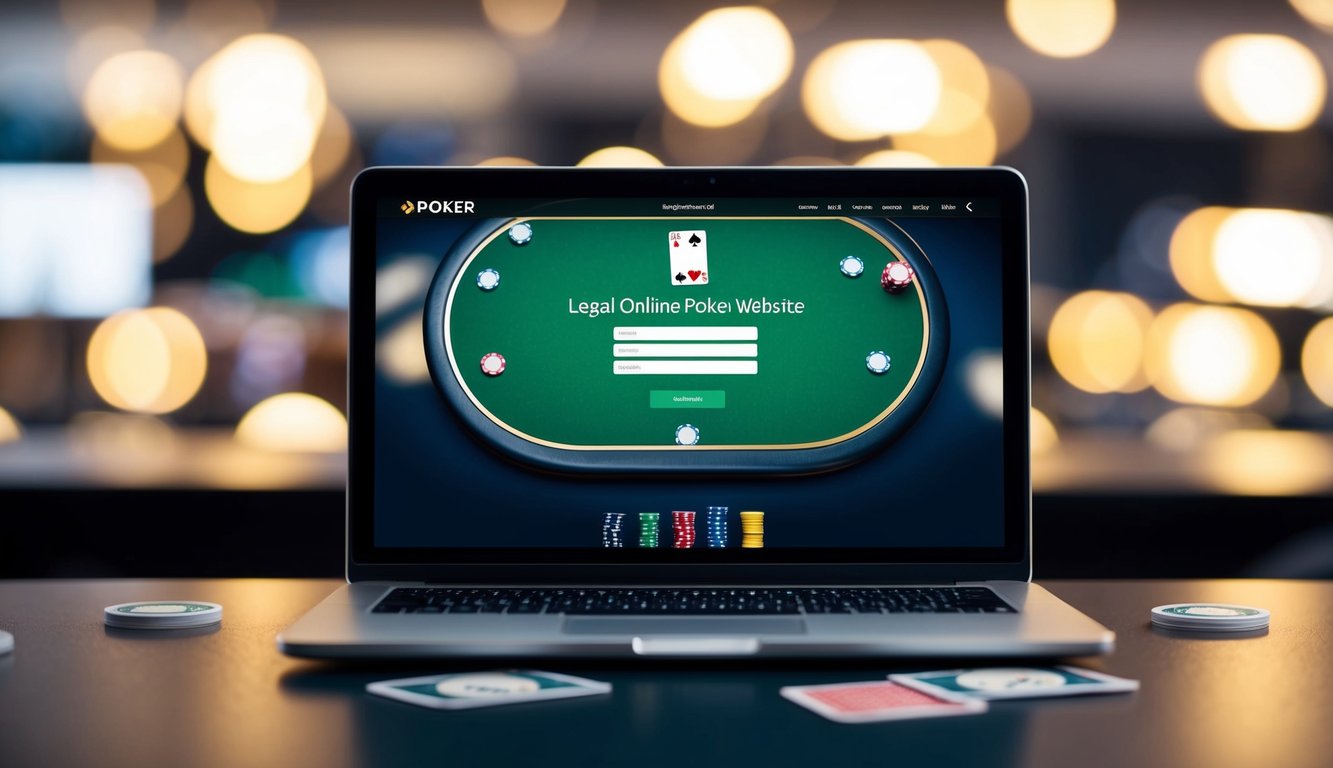 Sebuah perangkat digital yang menampilkan situs web poker online legal dengan chip dan kartu di atas meja