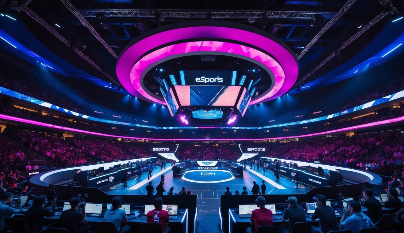 Sebuah arena Esports dinamis dengan arsitektur futuristik dan pencahayaan yang cerah, menampilkan kompetisi yang intens dan kerumunan yang antusias