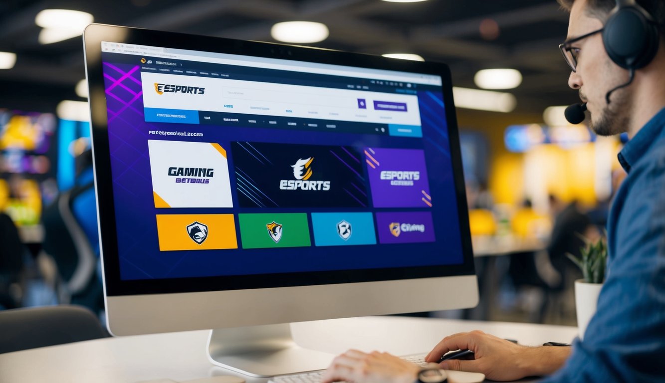 Sebuah layar komputer yang menampilkan situs web taruhan esports profesional dengan grafik berwarna-warni dan logo permainan