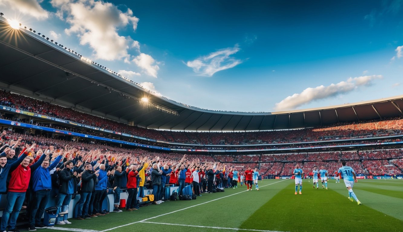 Sebuah stadion olahraga yang ramai dengan penggemar yang bersorak dan pemain di lapangan