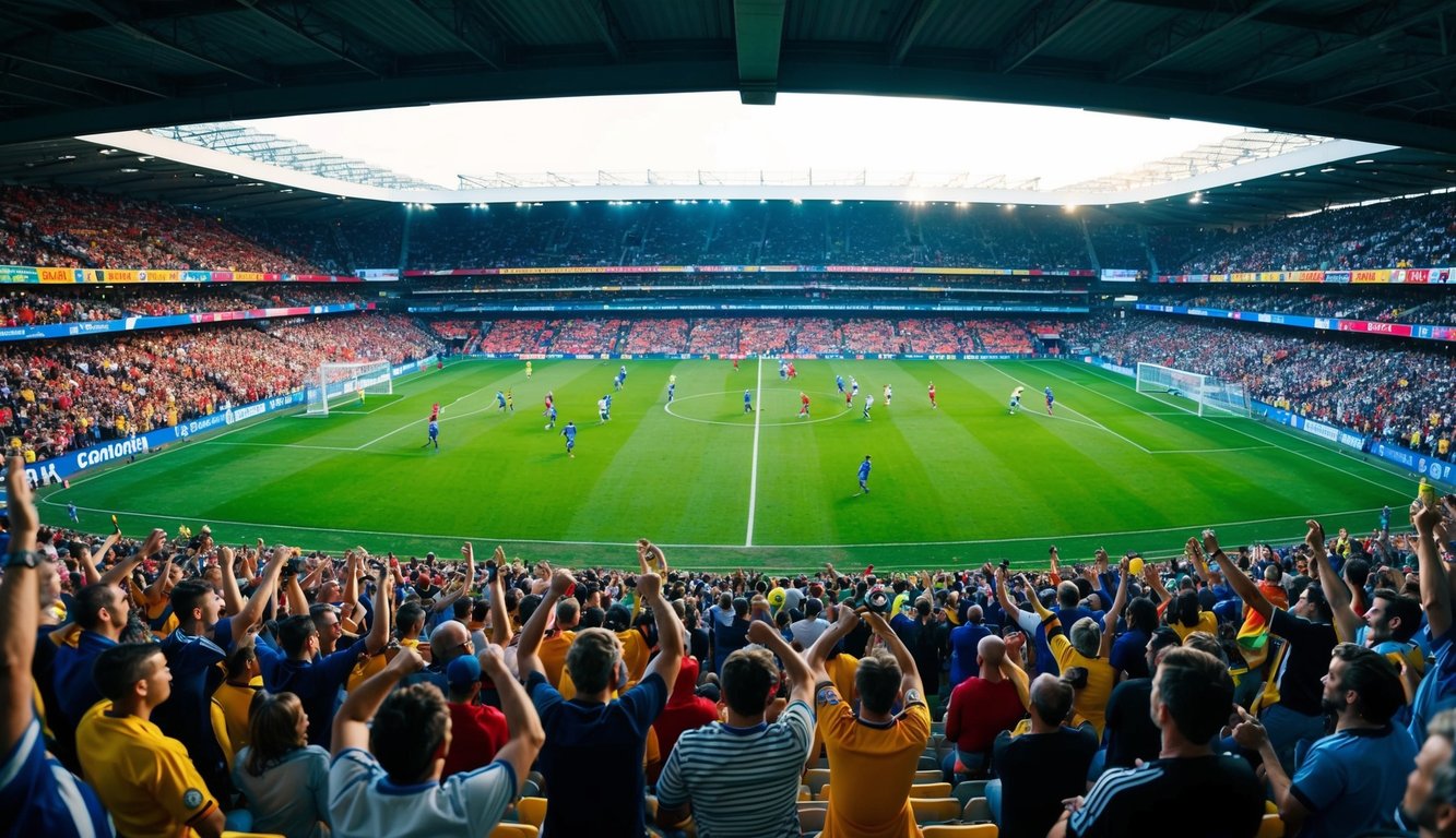 Sebuah stadion yang ramai dipenuhi dengan penggemar yang bersorak dan spanduk berwarna-warni, dengan pertandingan sepak bola yang sedang berlangsung di lapangan