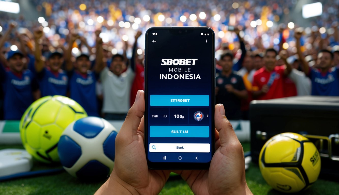 Sebuah smartphone dengan aplikasi SBOBET Mobile Indonesia terbuka, dikelilingi oleh peralatan olahraga dan kerumunan yang bersorak di latar belakang