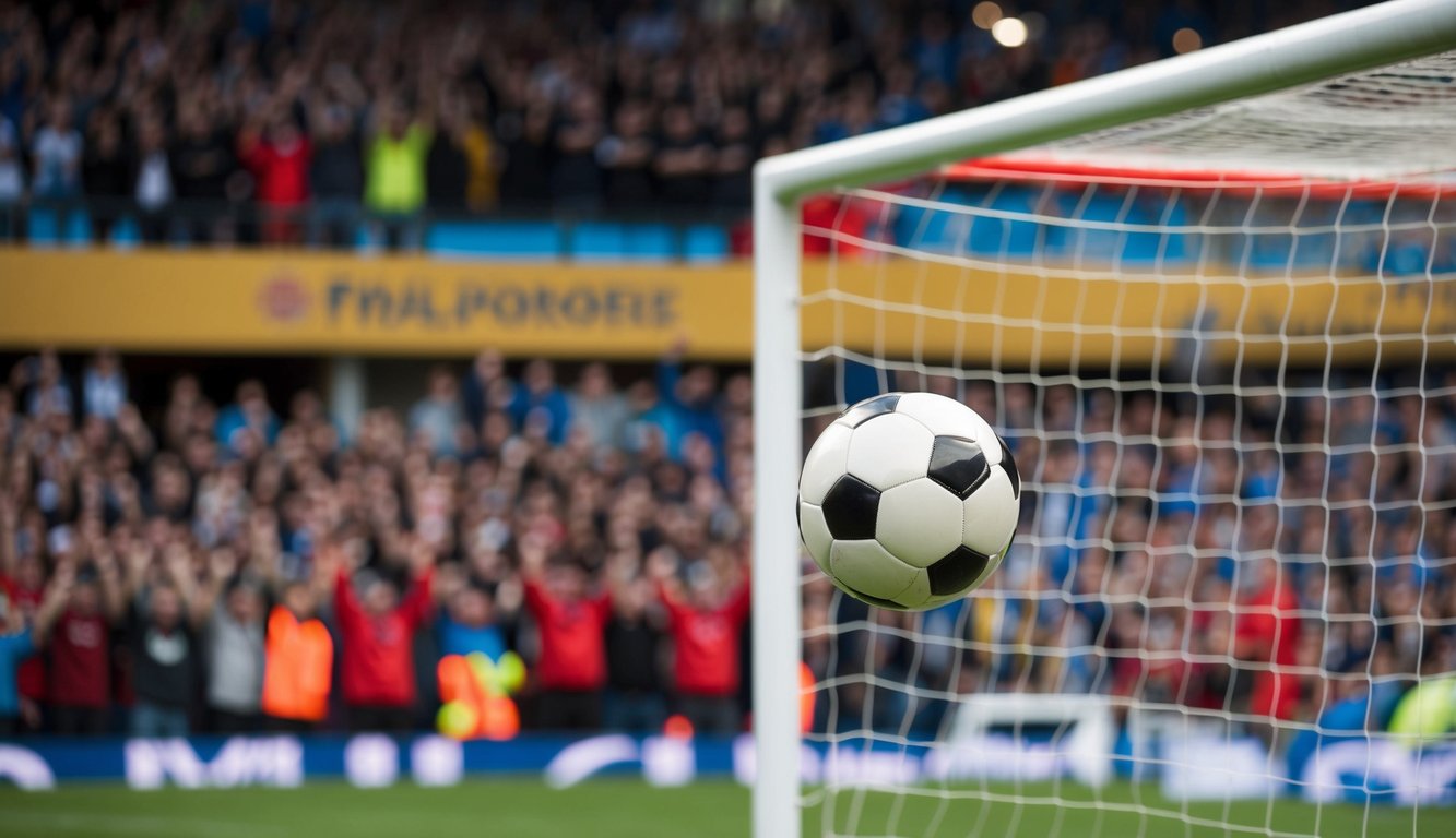 Sebuah bola sepak terbang ke dalam jaring gawang dengan penggemar yang bersorak di latar belakang