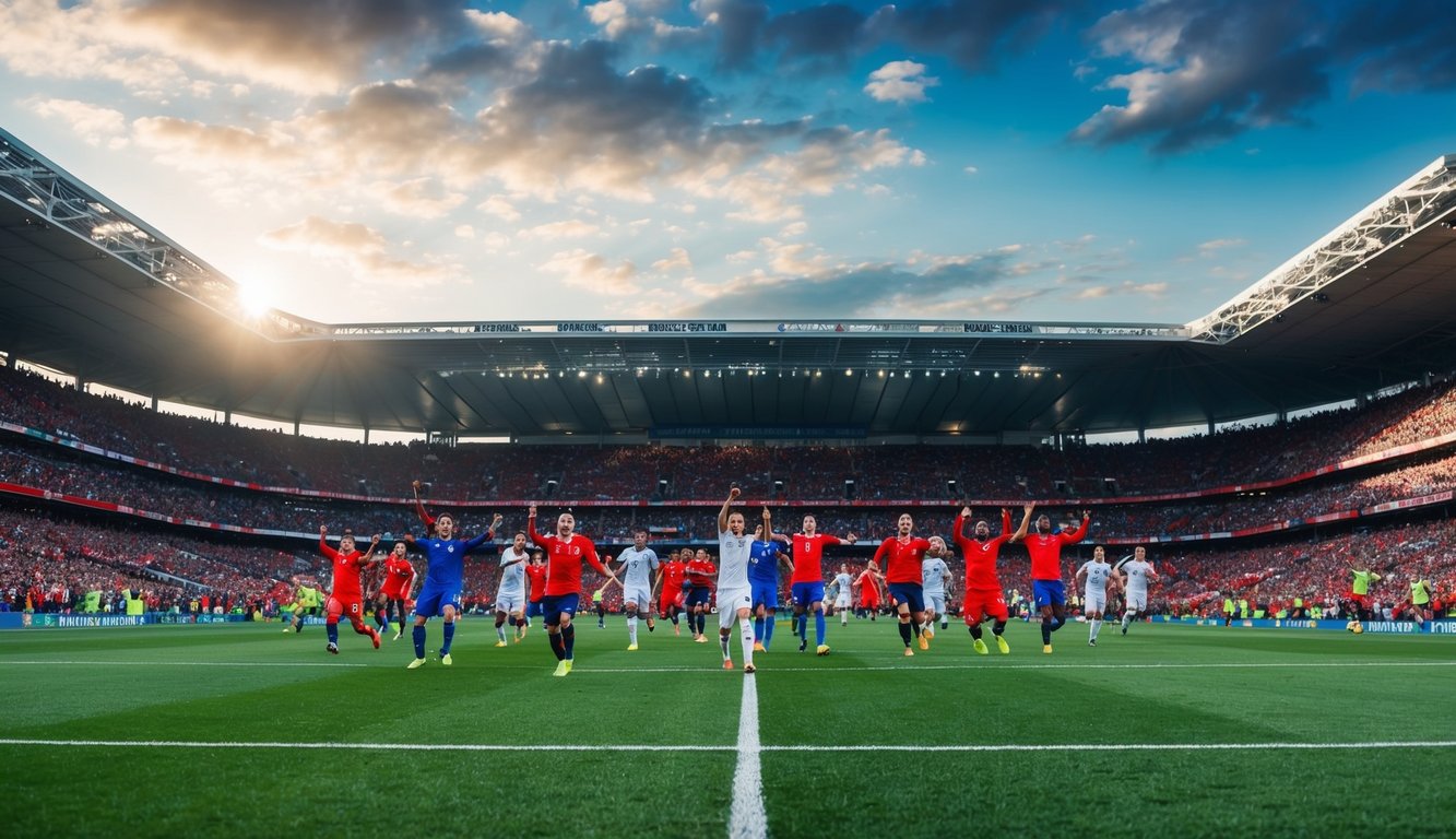 Sebuah stadion yang dipenuhi dengan penggemar yang bersorak dan pemain di lapangan sepak bola