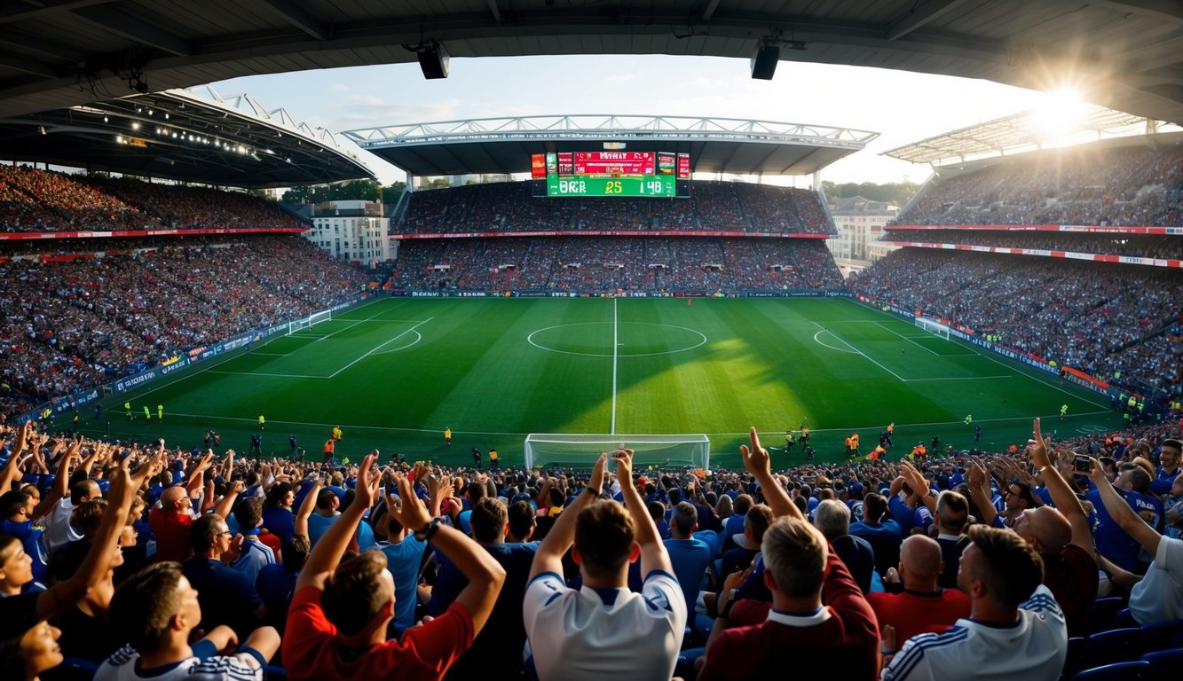 Sebuah stadion sepak bola yang ramai dengan penggemar yang bersorak dan papan skor yang menampilkan peluang tinggi untuk pertandingan