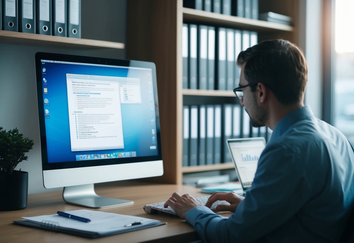 Un bureau avec un ordinateur, un stylo et du papier. Une étagère avec des manuels techniques. Une personne tapant sur le clavier.