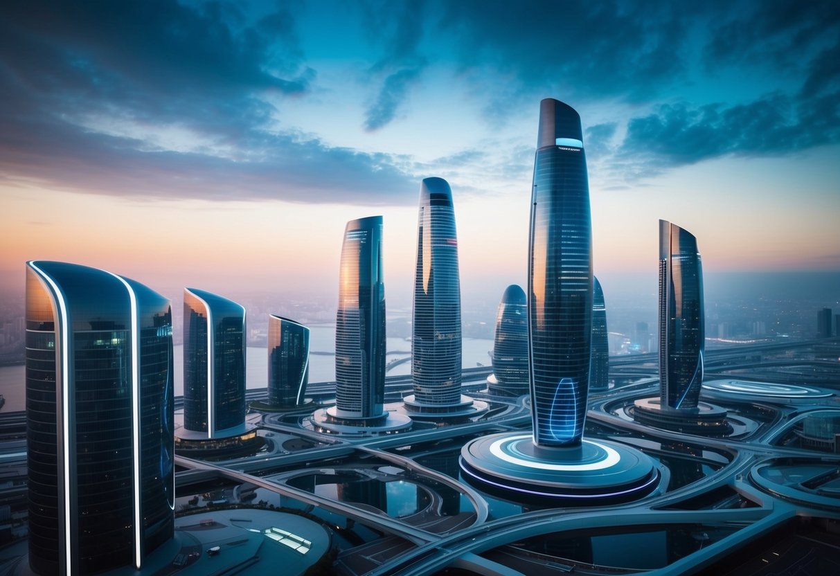 Un paysage urbain futuriste avec des bâtiments élégants et interconnectés et une technologie avancée intégrée dans l'infrastructure