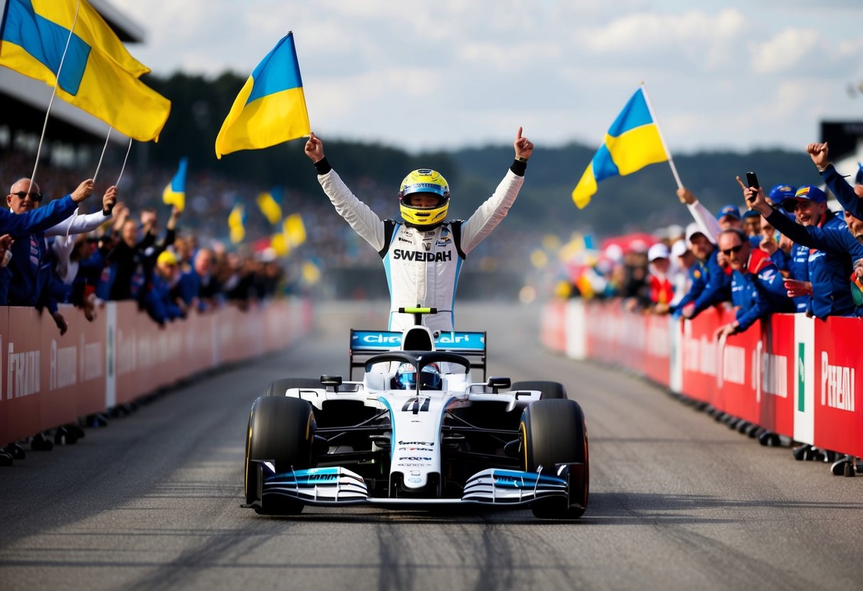 En svensk F1-förare korsar mållinjen i ett segerrikt lopp, omgiven av jublande fans och viftande flaggor