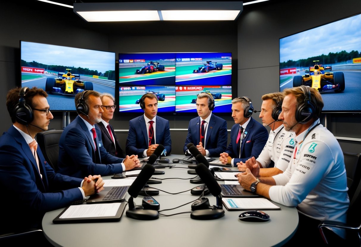 En grupp F1-kommentatorer diskuterar lopp i en studio, omgiven av mikrofoner och skärmar som visar loppfilmer.