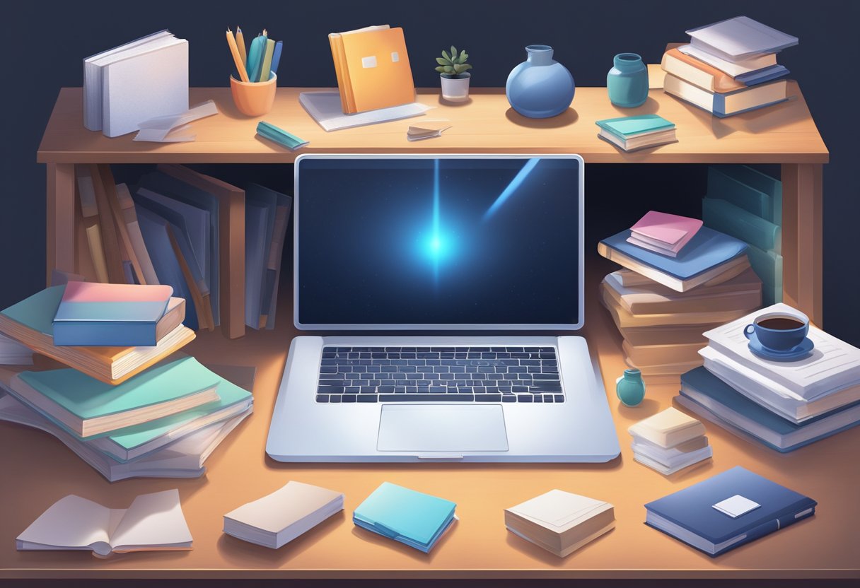 A laptop hidden inside a closed drawer, surrounded by everyday items like books and papers, with a faint glow emanating from the screen