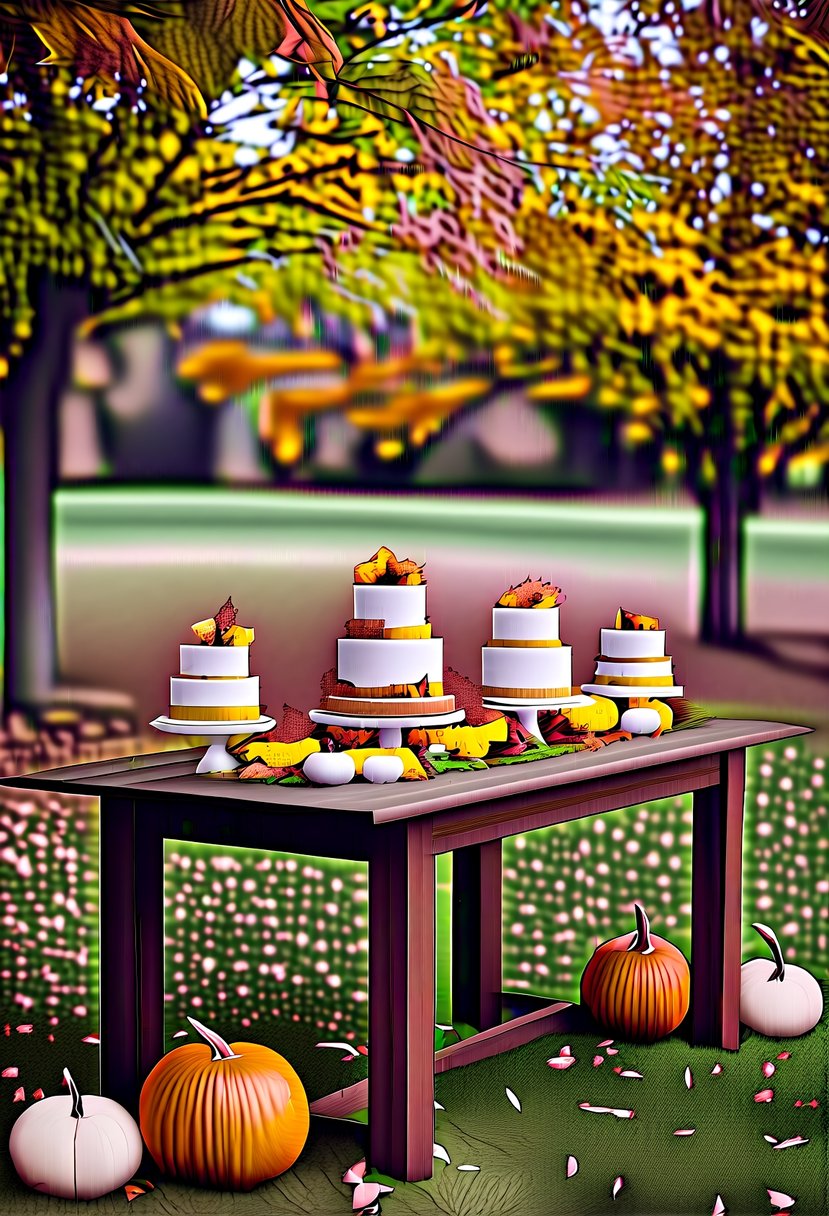 A rustic outdoor wedding with a wooden table adorned with elegant fall-themed wedding cakes, surrounded by colorful autumn leaves and pumpkins