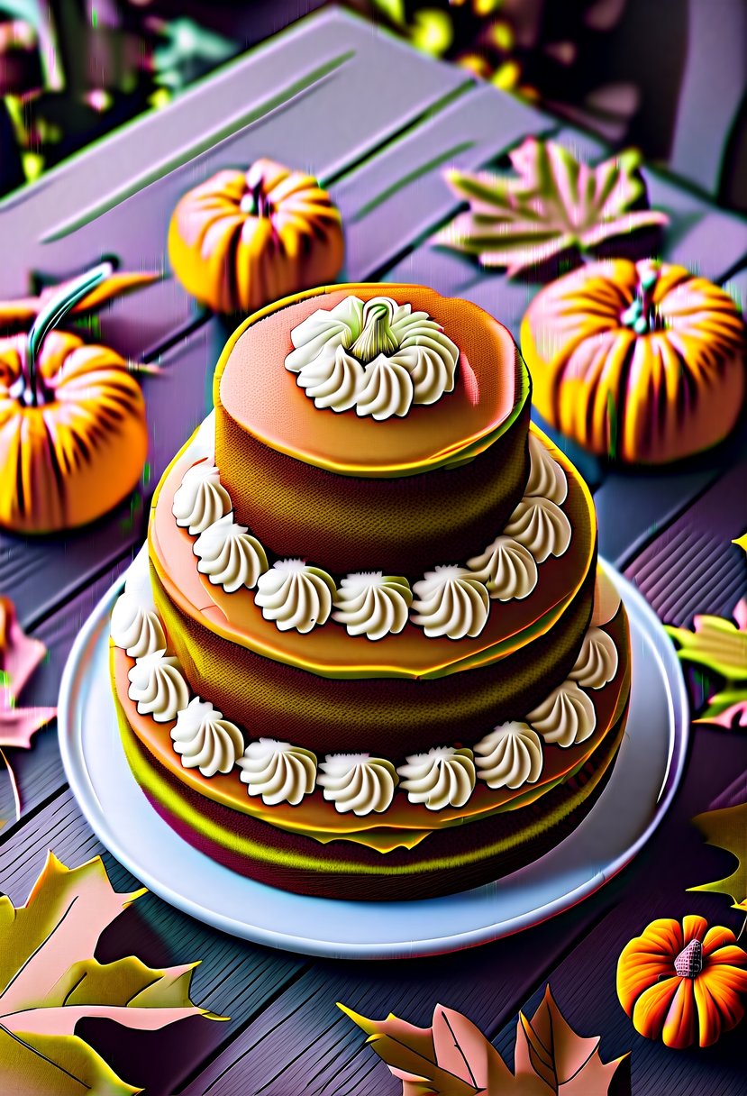 A rustic wooden table adorned with a tiered pumpkin spice cake topped with cream cheese frosting, surrounded by autumn leaves and small pumpkins