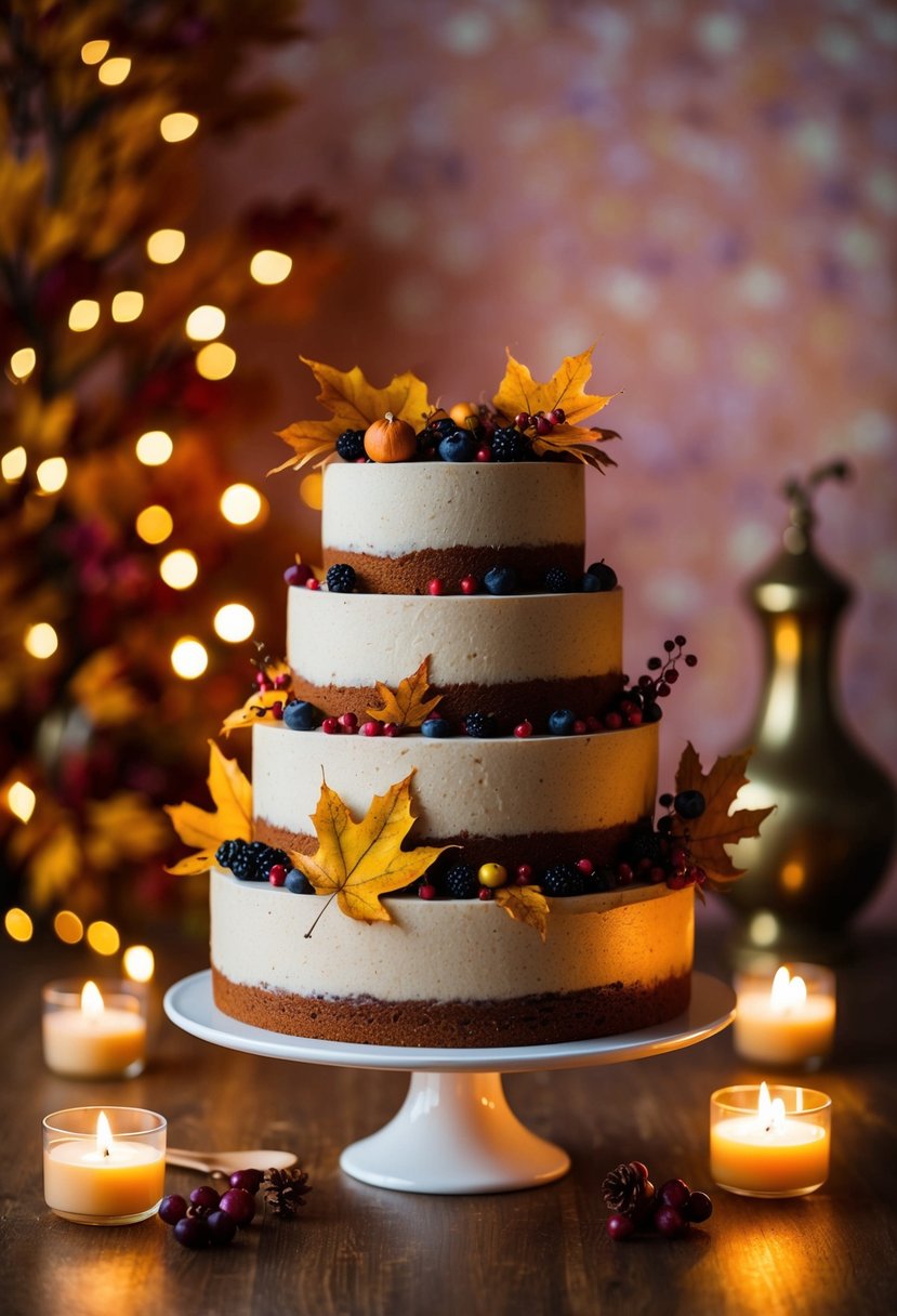 A tiered Spiced Chai Tea Cake adorned with autumn leaves and berries, set against a backdrop of warm fall colors and flickering candlelight