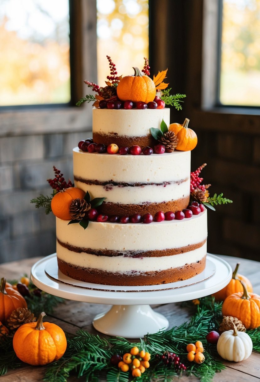A tiered cranberry orange cake adorned with fall foliage and rustic accents