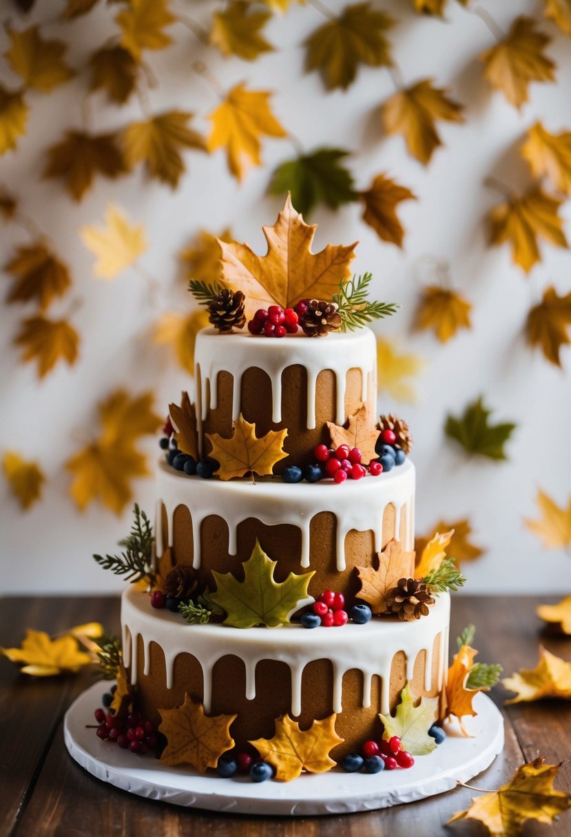 A three-tiered gingerbread wedding cake adorned with autumn leaves and berries, set against a backdrop of falling golden leaves