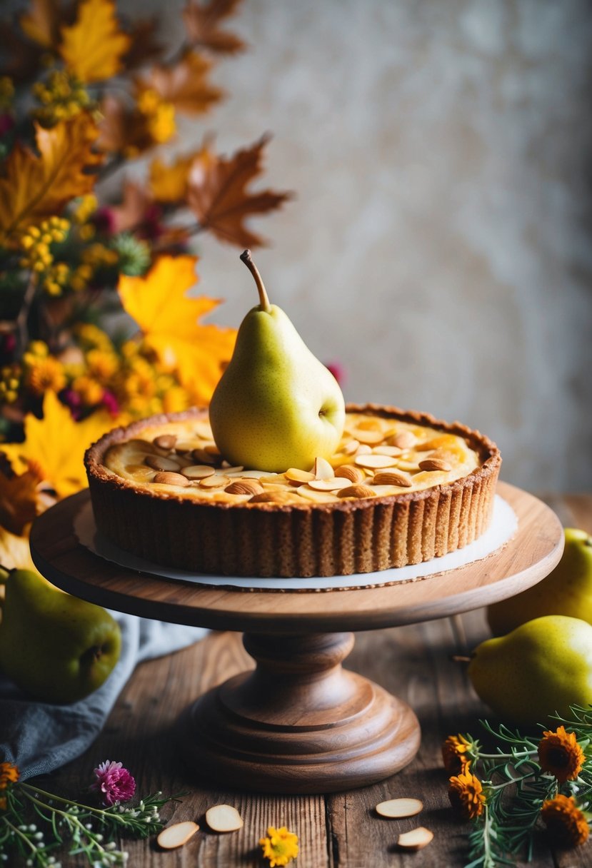 A rustic pear and almond tart cake on a wooden stand surrounded by fall foliage and seasonal flowers