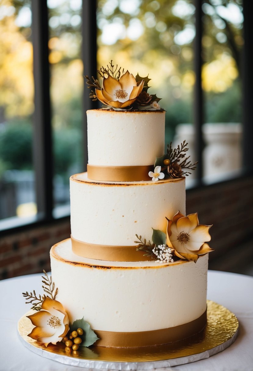 A three-tiered wedding cake with toasted marshmallow frosting, adorned with fall foliage and delicate sugar flowers