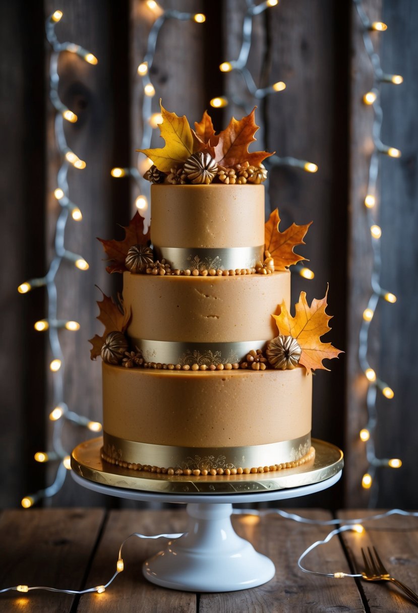 A three-tiered butterscotch rum cake adorned with autumn leaves and gold accents, set against a backdrop of rustic wood and twinkling fairy lights