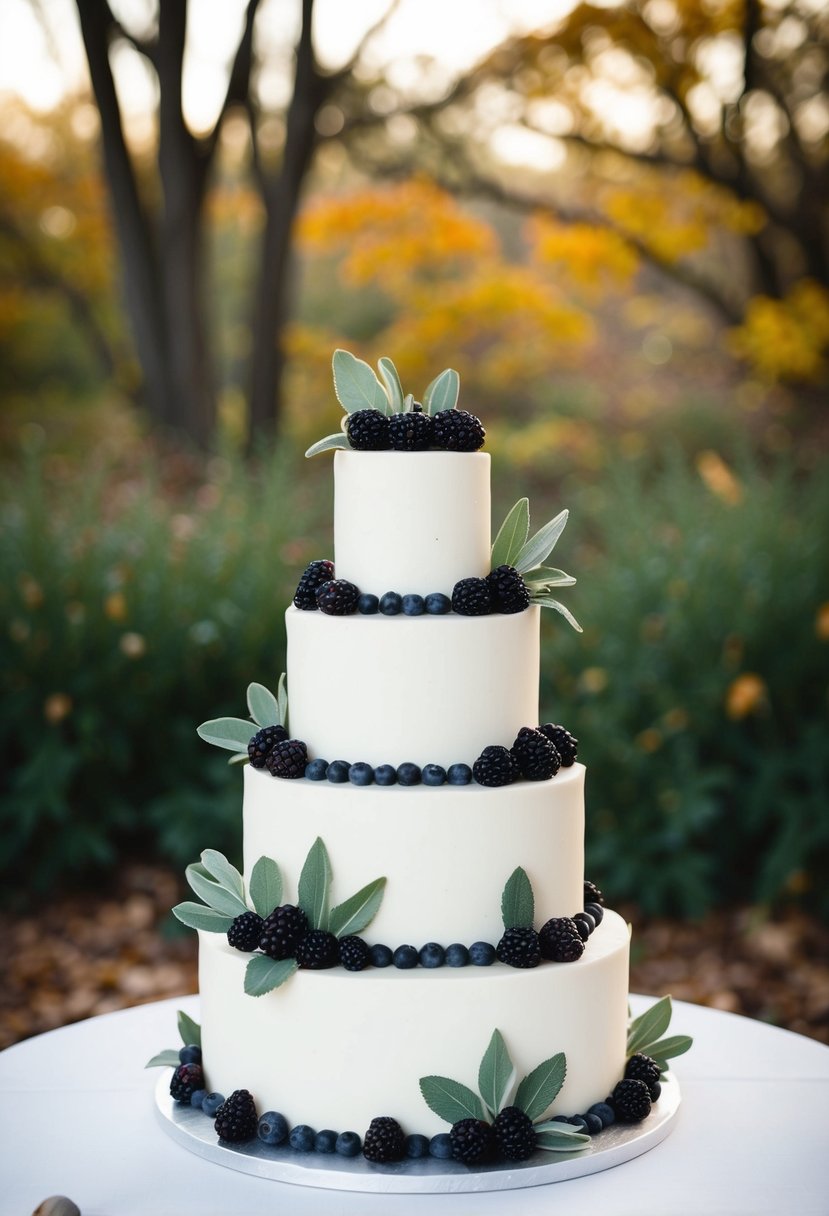 A three-tiered wedding cake adorned with blackberries and sage leaves, set against a backdrop of autumn foliage
