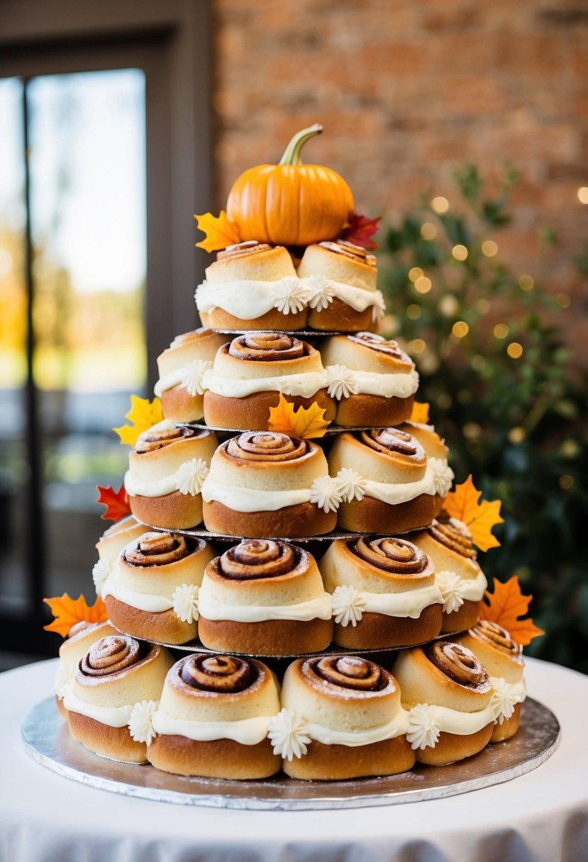 A three-tiered wedding cake made of cinnamon rolls, adorned with white frosting and fall-themed decorations